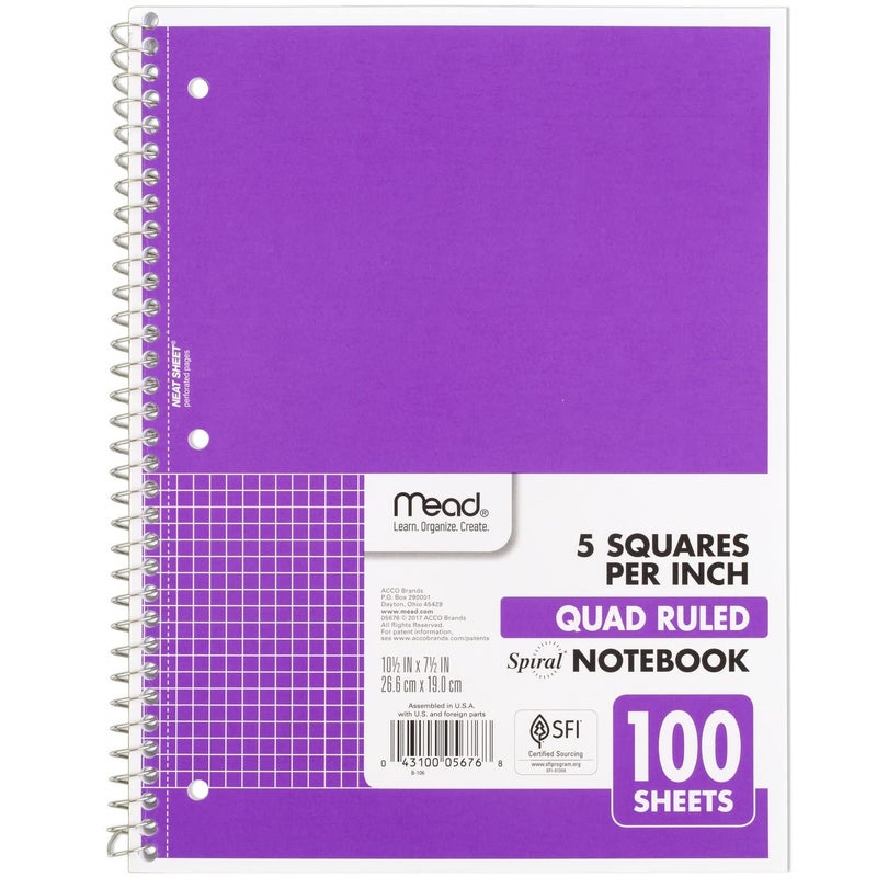 Mead Spiral Notebook, 1 Subject, Graph Ruled Paper, 7-1/2" x 10-1/2", 100 Sheets, Amethyst Purple (05676BA7) - Image 1